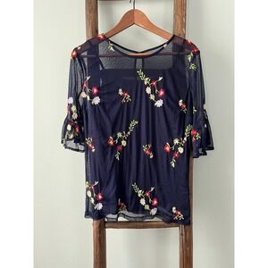 Harlow Rose Embroidered Mesh Top Bell Sleeve Blouse‎ Semi Sheer Navy Size S